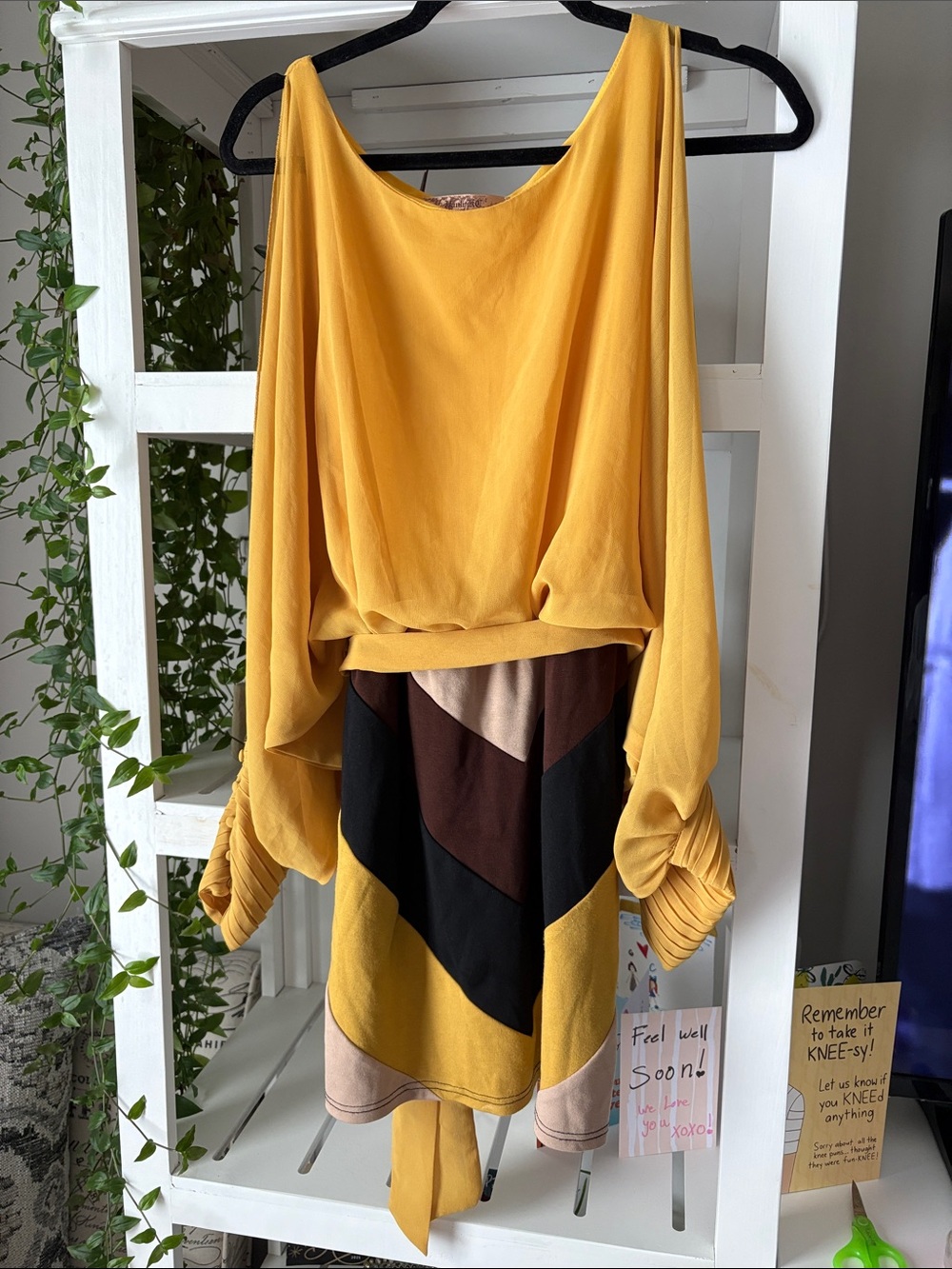 Mustard Yellow color block, open sleeve Long-Sleeve Dress